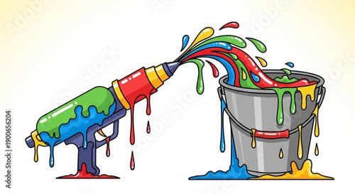 Colorful Paint Pouring from Bottle into Bucket on White Background