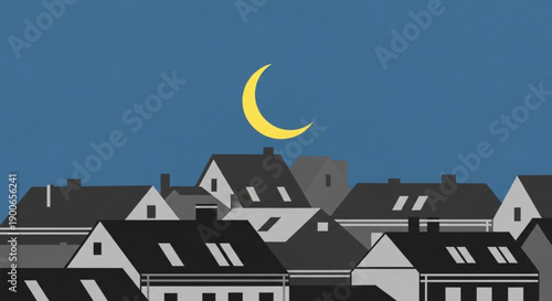 Crescent Moon over Suburban Houses at Night, Vector Illustration