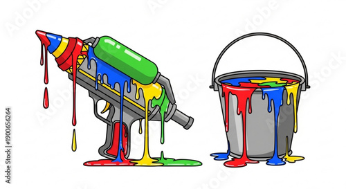 Colorful Water Gun Shooting Paint into Bucket Isolated on White