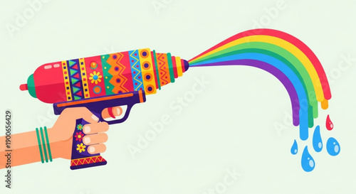 Colorful Water Gun Shooting Rainbow Water Drops Isolated on White Background