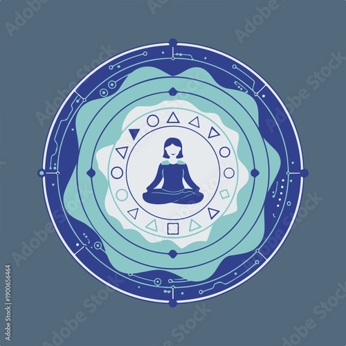 layered abstract symbols surrounding a calm central figure.eps