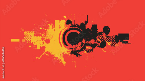 Abstract cityscape silhouette with yellow and black splatters on red background. Circular urban