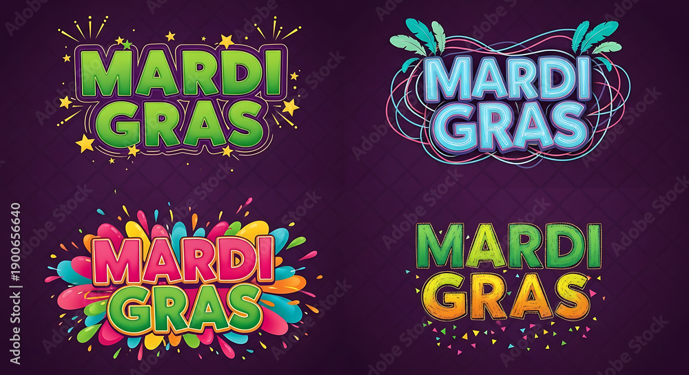 Fototapeta premium Four colorful Mardi Gras text with vibrant backgrounds and decorative