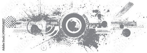 Abstract grey grunge with circular shapes and splatters texture paint