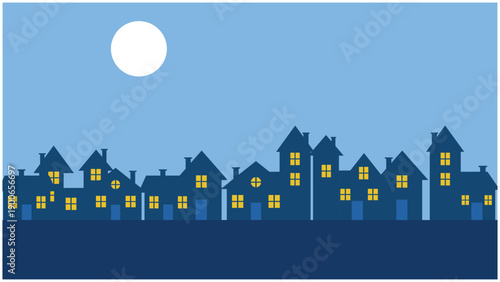 Night City Skyline Illustration with Houses and Moon in Flat Style