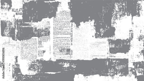 Distressed newspaper texture with abstract grey paint splatters and text fragments grunge