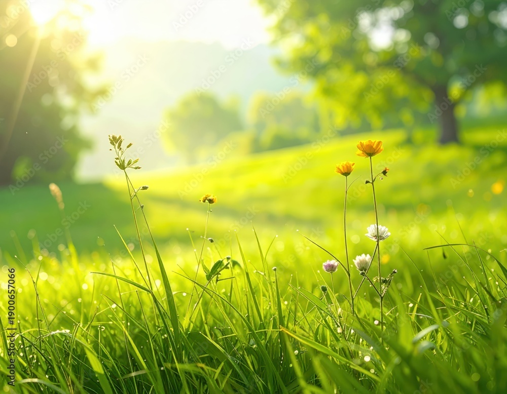 Fototapeta premium Bright Green Meadow with Wildflowers Under Soft Sunlight Glow