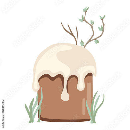 An illustration of a Easter cake with branches and leaves, covered in creamy white icing