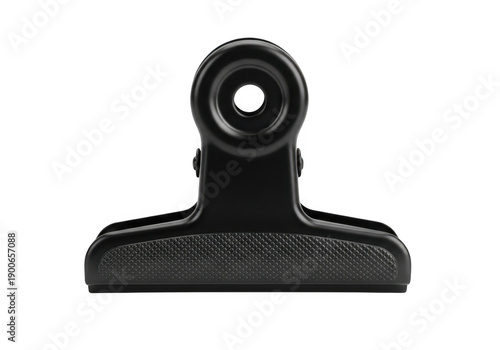 Black bulldog clip with textured grips isolated on transparent background