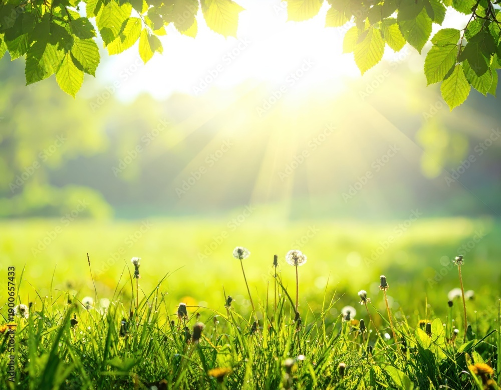 Fototapeta premium Bright Sunlight Shining Through Green Leaves Over Flowering Meadow