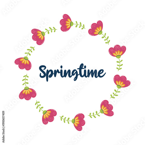 Round floral frame with red tulip and with inscription Springtime in center. Seasonal hand drawn card, poster, web banner. Vector illustration on white background.