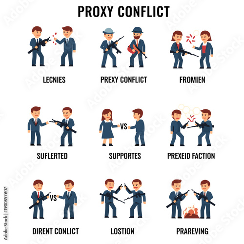Business people illustrate various proxy conflict and negotiation scenarios