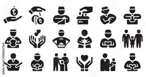 Zakat, almsgiving and donation icon set. collection of charity and kindness solid vector signs