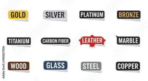 Diverse material type labels with metallic, wood, glass, and fabric textures
