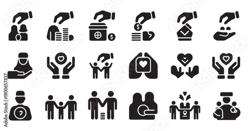 Humanitarian aid icons featuring hands giving money heart support family protection and community solidarity
