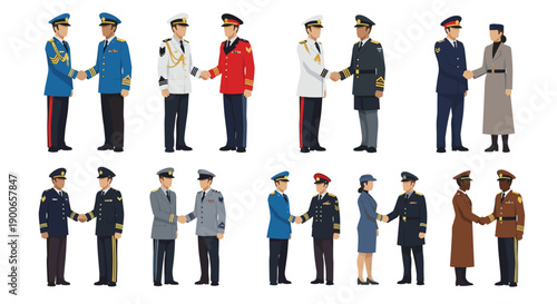 Diverse officers in uniforms shaking hands together