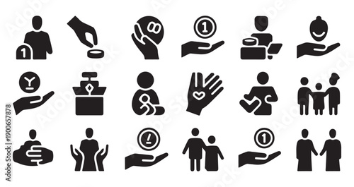 Social support icons set with coin hands giving care family help elderly assistance and community donation