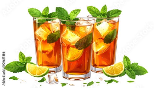 Three iced tea glasses garnished with mint, lime, and ice cubes