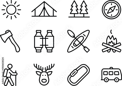 Camping adventure line icons set, hiking travel nature symbols, thin outline vector illustration, isolated white background