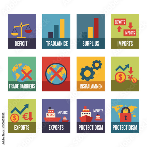 Flat design icons representing global trade and economic concepts