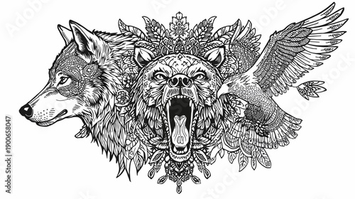 A detailed black and white illustration of a wolf, a roaring bear, and an eagle, adorned with intricate patterns and decorative elements, symbolizing strength and wild nature.