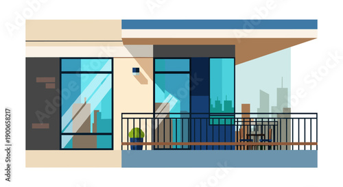 Modern apartment balcony with outdoor furniture and city skyline view