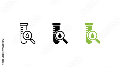 Three icons representing laboratory equipment with magnifying glasses.