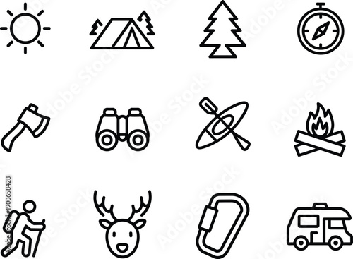 Camping adventure line icons set, hiking travel nature symbols, thin outline vector illustration, isolated white background