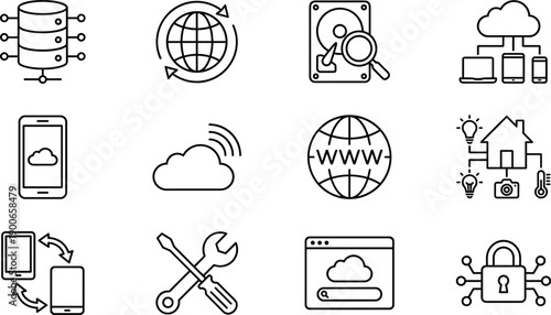 Cloud computing line icons set, data network security symbols, thin outline vector illustration, isolated white background