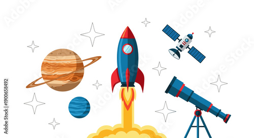 Space rocket launching with planets, satellite and telescope illustration