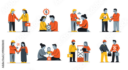 Various illustrations of people interacting in business and support situations
