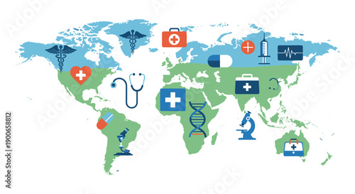 World map with global medical healthcare and science icons