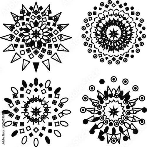 Abstract black and white geometric pattern featuring circles squares and spiky shapes arranged in a radial design