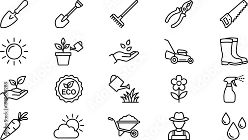Gardening line icons set, tools plants eco care symbols, thin outline vector illustration, isolated white background
