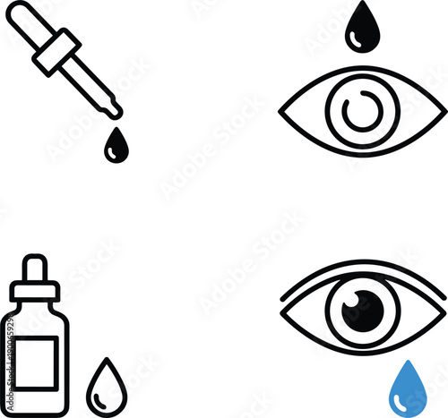 Eye care and eyedrop icon set showing vision treatment medicine drops symbols vector illustration minimal outline design