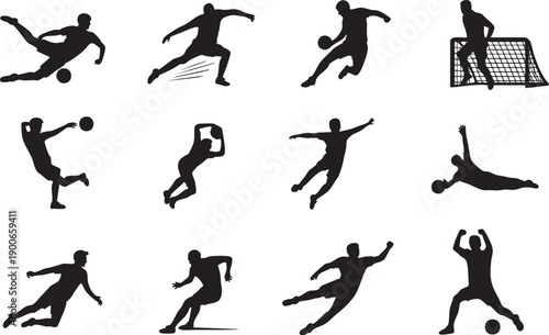 silhouette of soccer players in various poses