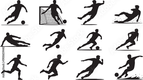 Soccer Player Actions Silhouette Illustrations Showcasing Various Moves