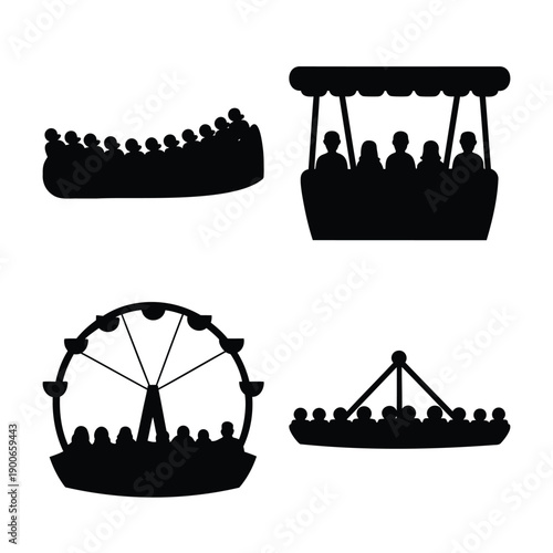 Iconic amusement park rides in silhouette, depicting various fun fair attractions with people