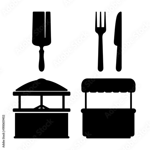 Food service and street vendor icons: a collection of kitchen utensils and market stalls