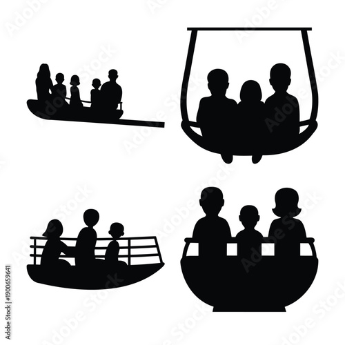 Families enjoying various amusement park rides and attractions as black silhouettes