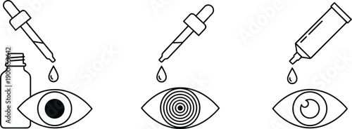 Eye drop application icon set showing ophthalmic medicine treatment vision care symbols vector illustration minimal outline design
