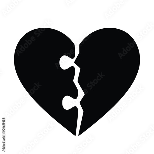Broken heart illustration symbolizing heartbreak sorrow and emotional pain with a simple black design on a white background representing love loss.