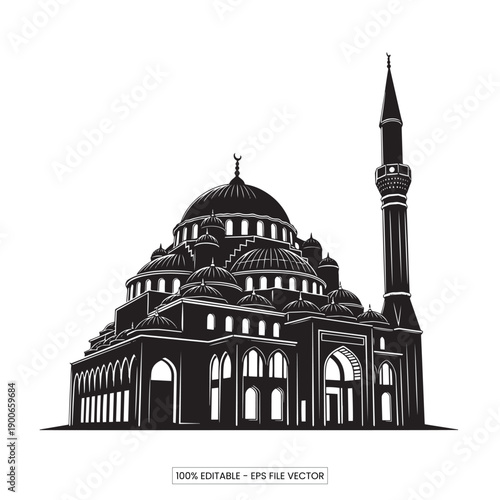 Detailed Black Silhouette of a Large Mosque with Many Domes, Minarets, and Geometric Patterns, EPS Vector Graphic