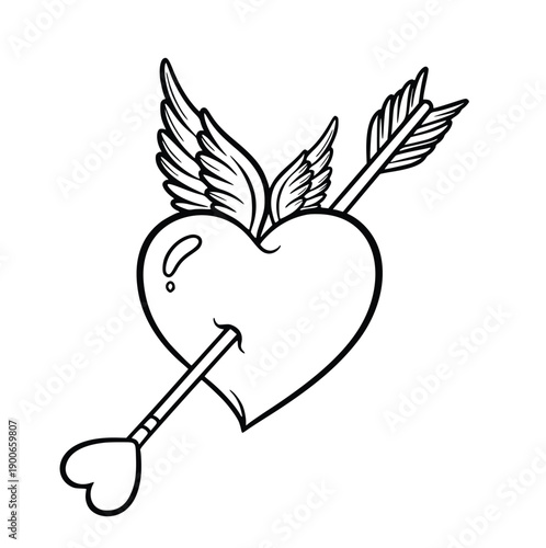 Heart pierced by an arrow with wings symbolizing love and passion in a simple tattoo design concept for valentines day.