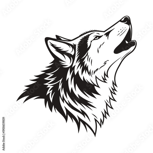Illustration of a howling wolf head with detailed fur on a plain white background 
