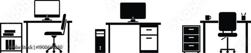 Office desk furniture icon set showing computer workstation storage drawers chair layouts vector illustration minimal solid design