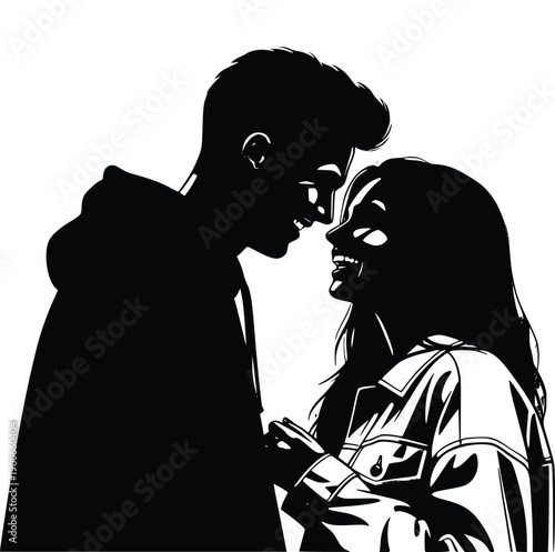 Couple in a romantic moment with the man leaning in and the woman smiling holding a smartphone together.