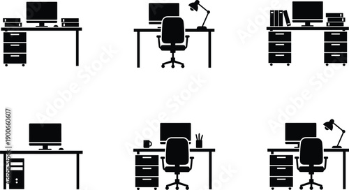 Office workspace desk setup icon set showing computer chair storage lamp workstation layouts vector illustration minimal solid design
