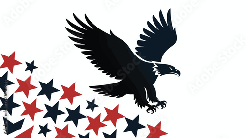 A majestic eagle soars through a cascade of red and blue stars on a white background symbolizing freedom and patriotism in a stylized flat vector illustration