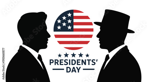Presidents' day silhouette graphic with patriotic american flag and two presidential silhouettes facing each other